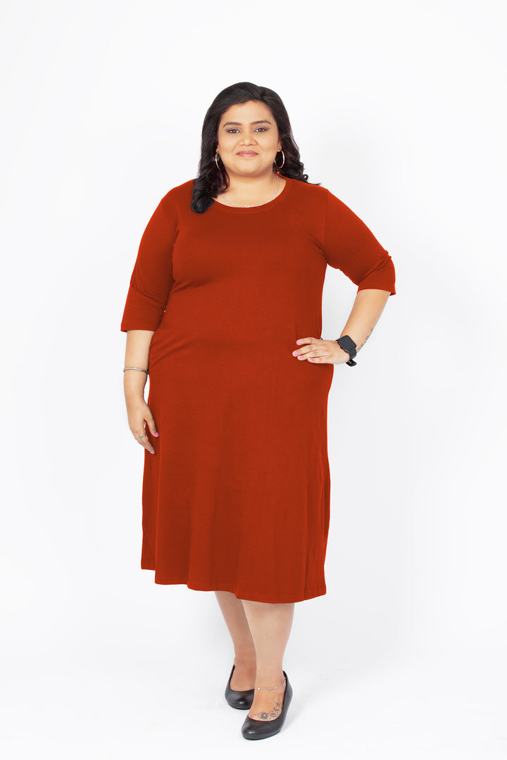 Flattering Elbow Sleeved A-Line Dress for Women - Rust