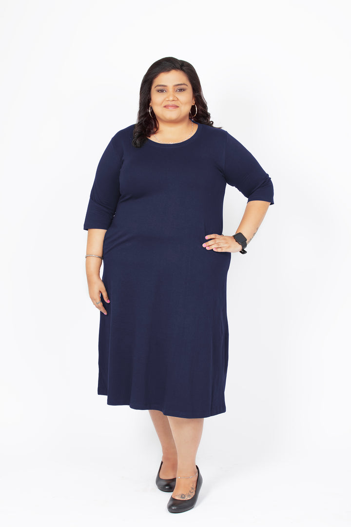 Flattering Elbow Sleeved A-Line Dress for Women - Navy Blue