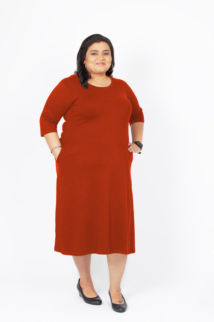 Flattering Elbow Sleeved A-Line Dress for Women - Rust