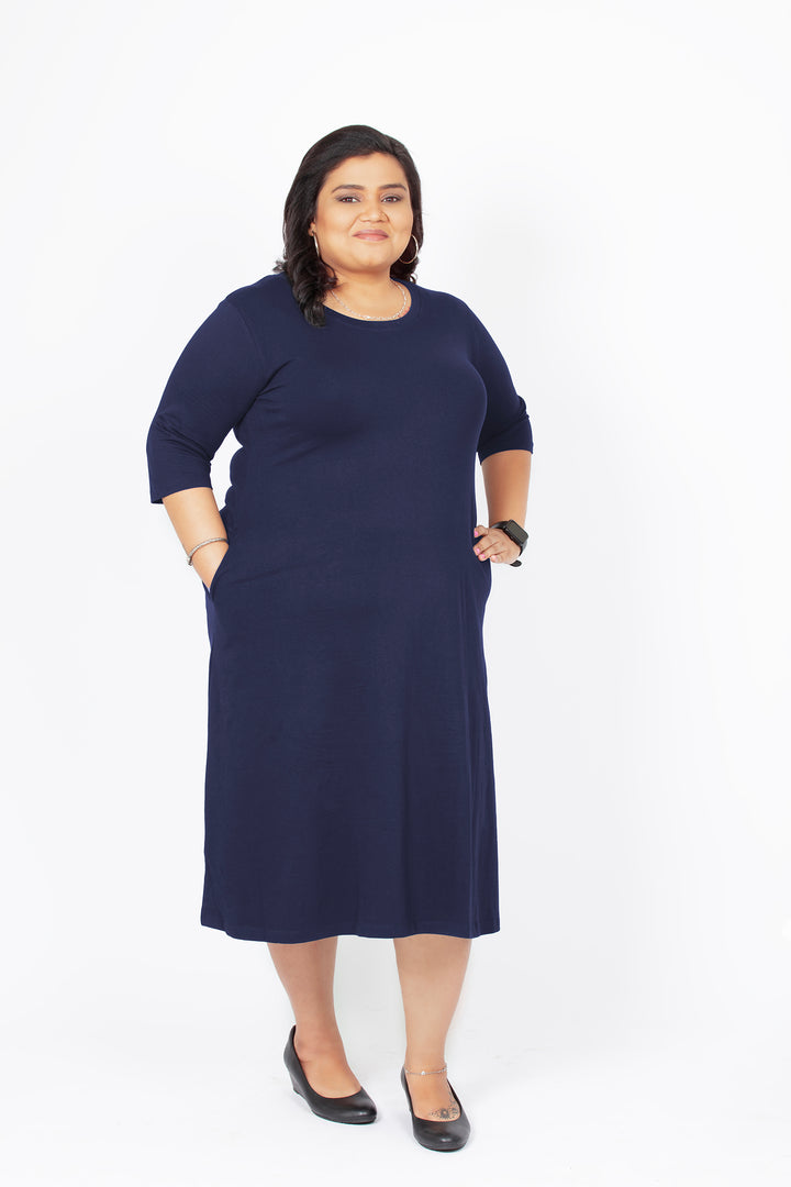 Flattering Elbow Sleeved A-Line Dress for Women - Navy Blue