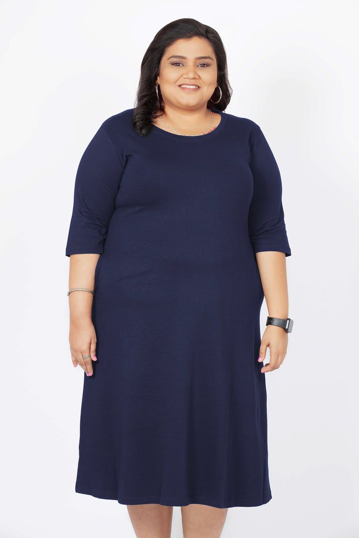 Flattering Elbow Sleeved A-Line Dress for Women - Navy Blue