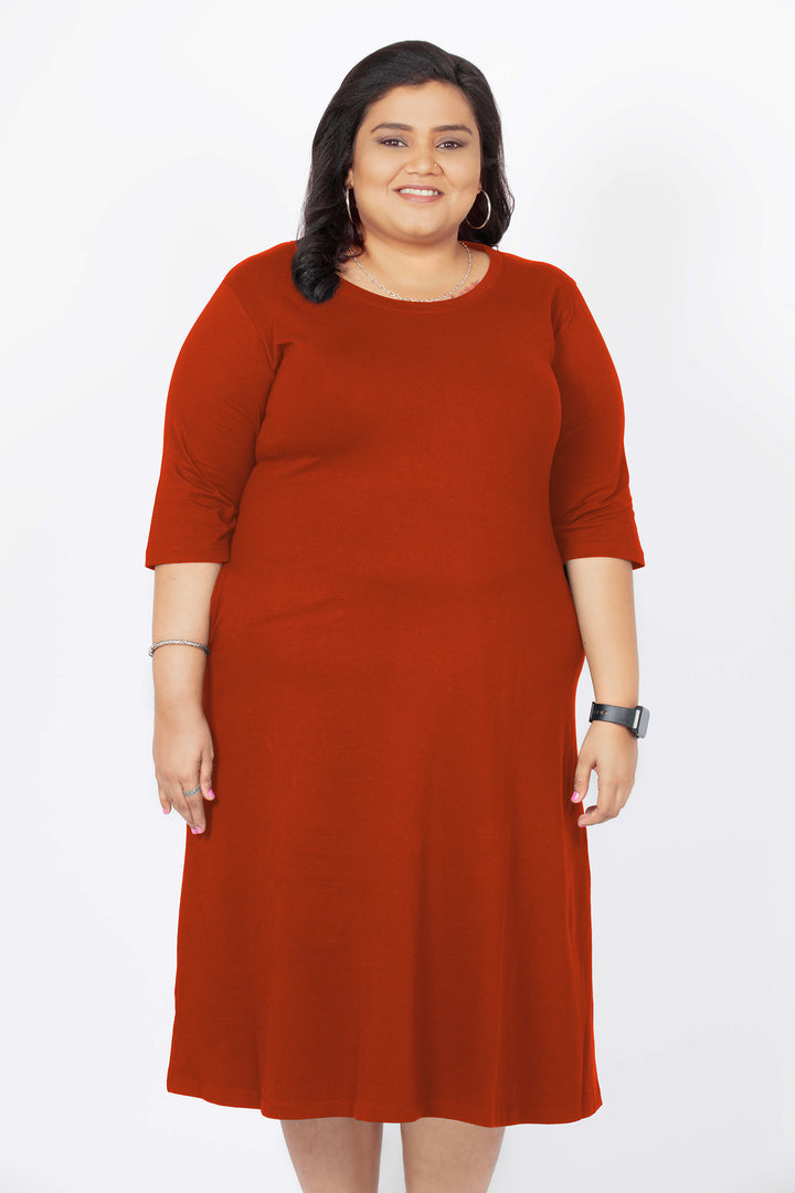Flattering Elbow Sleeved A-Line Dress for Women - Rust