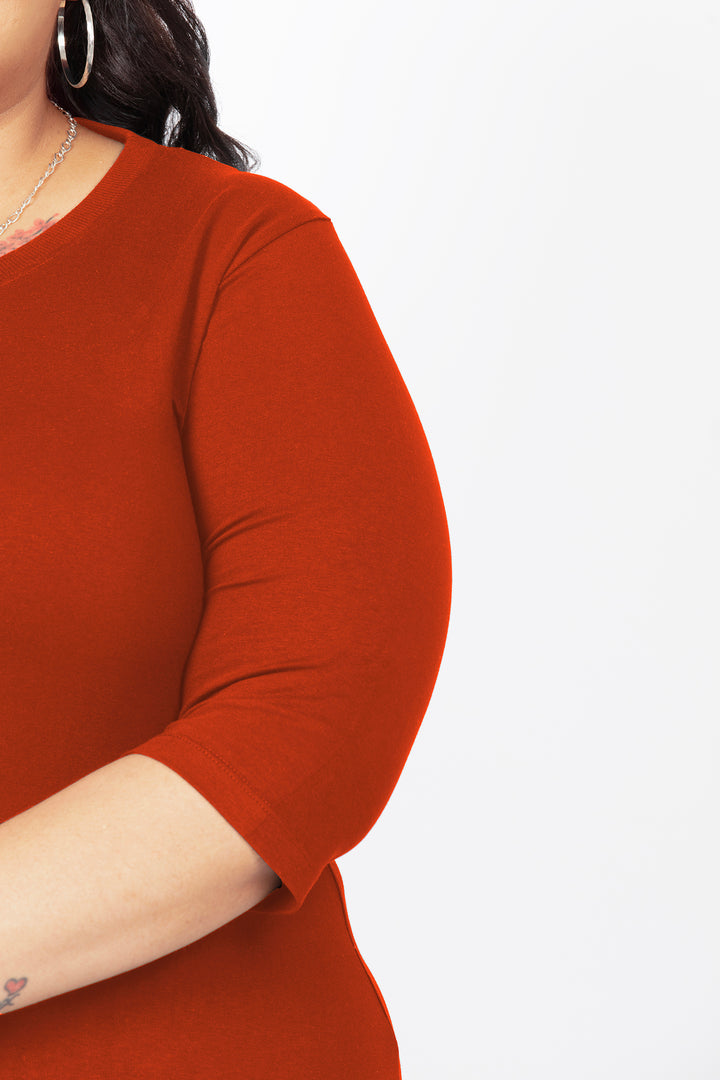 Flattering Elbow Sleeved A-Line Dress for Women - Rust