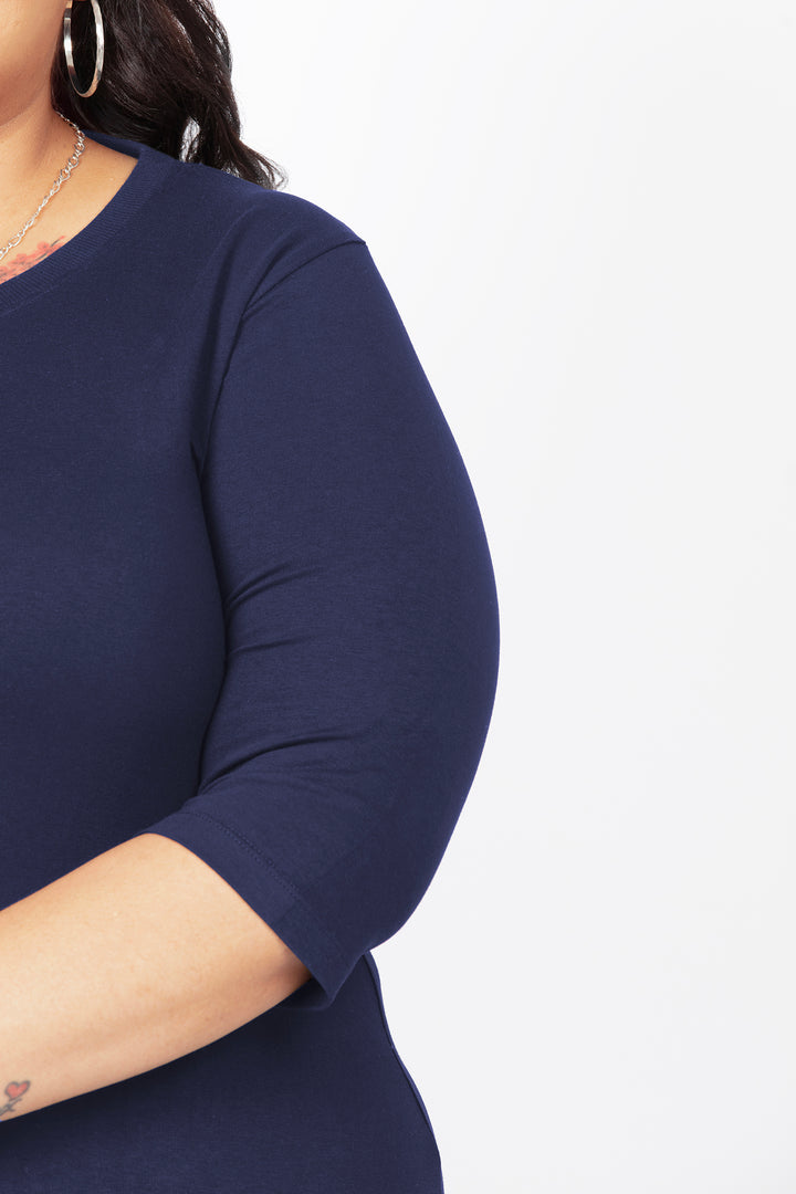 Flattering Elbow Sleeved A-Line Dress for Women - Navy Blue