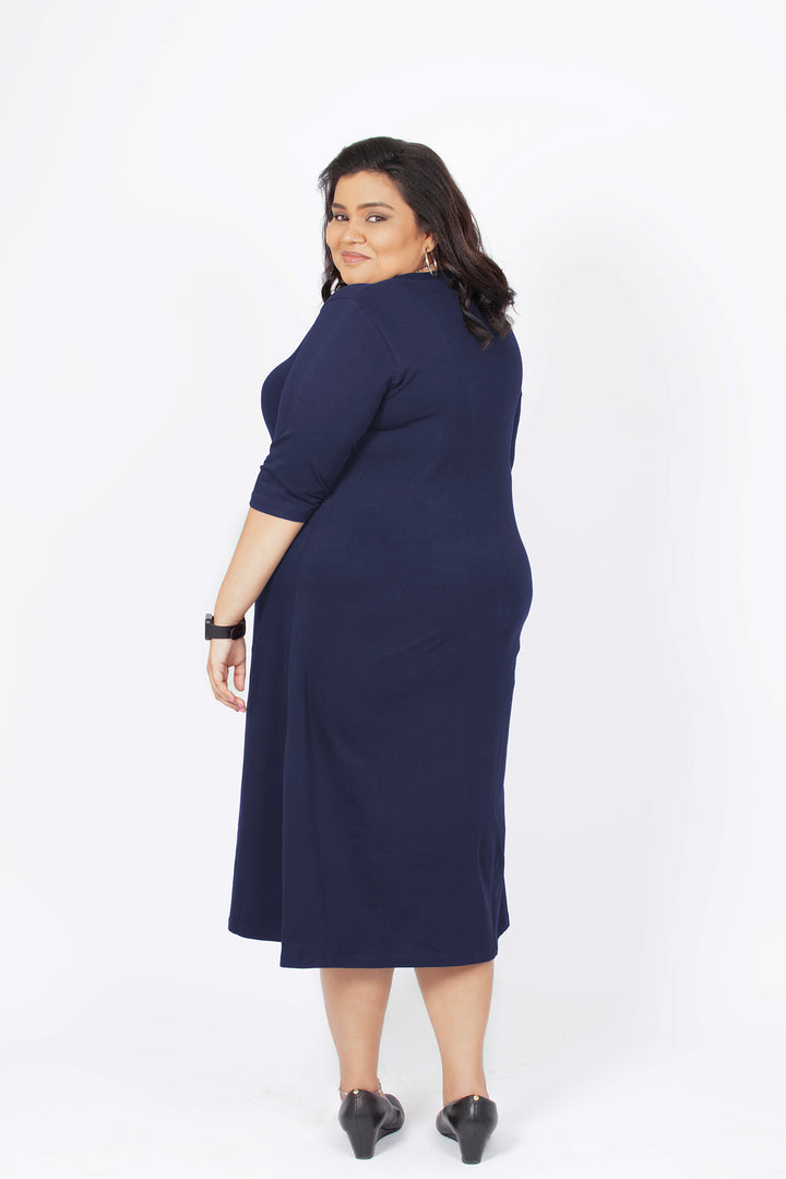 Flattering Elbow Sleeved A-Line Dress for Women - Navy Blue