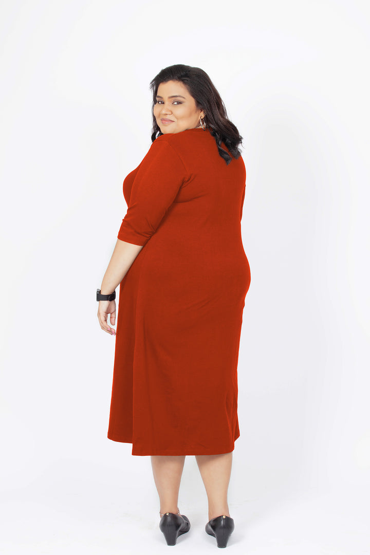Flattering Elbow Sleeved A-Line Dress for Women - Rust