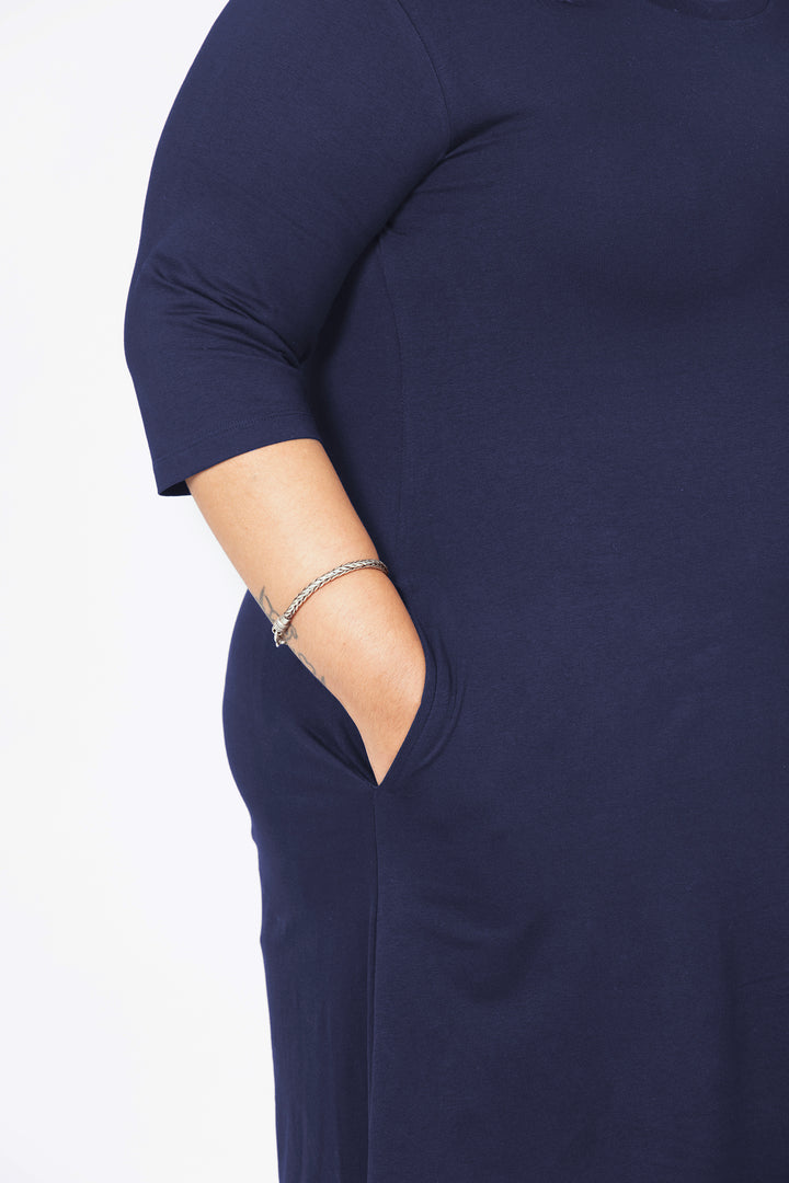 Flattering Elbow Sleeved A-Line Dress for Women - Navy Blue