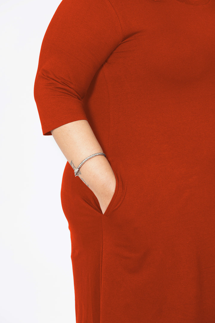 Flattering Elbow Sleeved A-Line Dress for Women - Rust