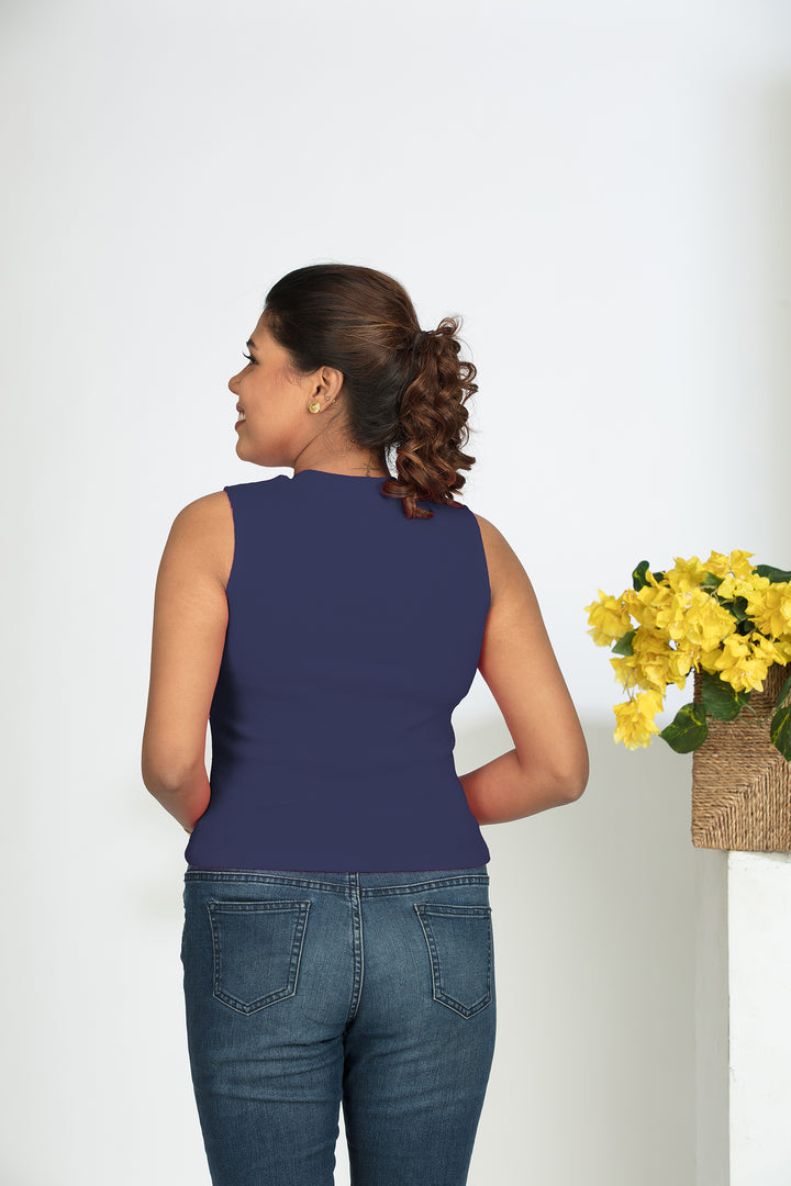 Crop Tops - Sleeveless & Closed neck - Navy blue