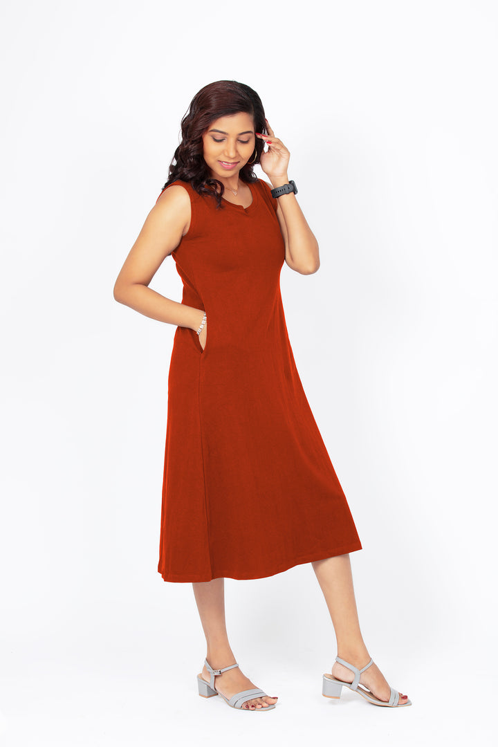 Flattering Sleeveless A-Line Dress for women - Rust