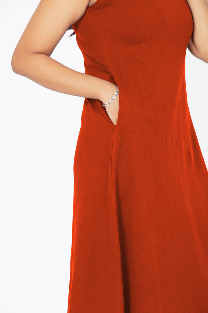 Flattering Sleeveless A-Line Dress for women - Rust