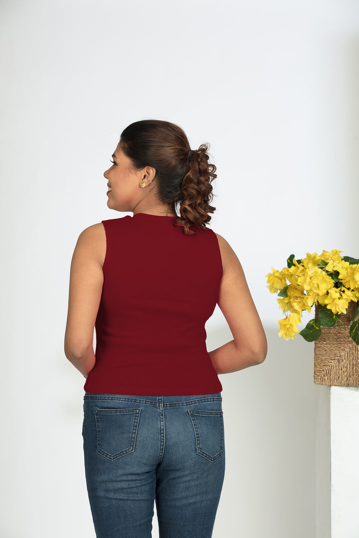Crop Tops - Sleeveless & Closed neck - Maroon