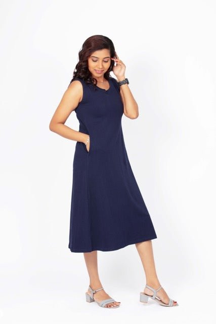 Flattering Sleeveless A-Line Dress for women - Navy Blue