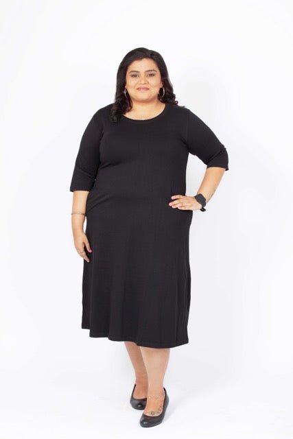 Flattering Elbow Sleeved A-Line Dress for Women - Black
