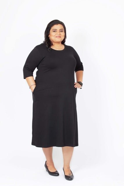 Flattering Elbow Sleeved A-Line Dress for Women - Black