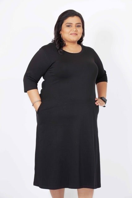 Flattering Elbow Sleeved A-Line Dress for Women - Black