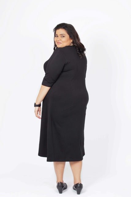 Flattering Elbow Sleeved A-Line Dress for Women - Black